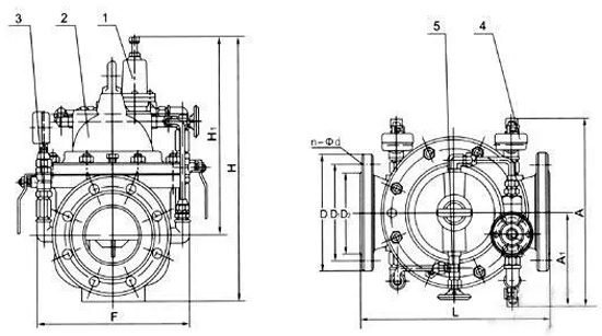 100X遥控浮球阀 结构尺寸图（1、球阀 2、主阀 3、针阀 4、浮球阀）