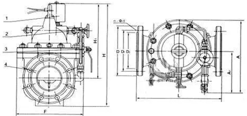 600X电动控制阀 外形结构图(1、电磁向导阀2、针阀3、球阀4、主阀)